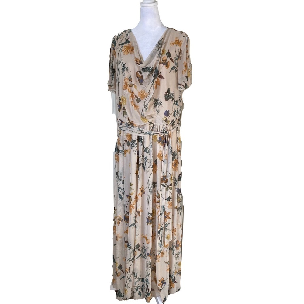 Alexa B Nites Maxi Dress Floral Soft Mesh, Short Sleeves, Rhinestone Belt Sz 18W